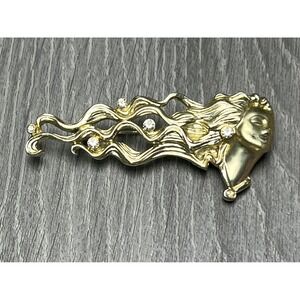 AJC Vintage Gold Tone Wavy Hair Woman Face Brooch Pin Clear Rhinestones